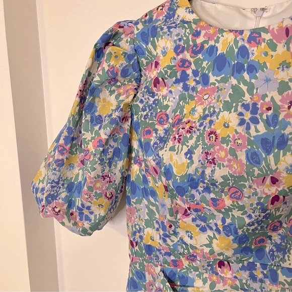 En Saison Floral Mini Dress Puffed Statement Sleeve Ruching Ruffle Cotton Small - Picture 7 of 13